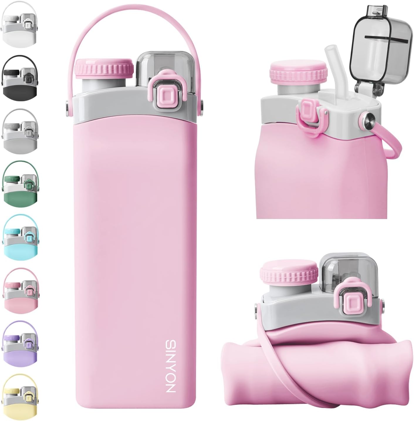 Collapsible Water Bottles, 20oz Silicone Reusable Water Bottle with Straw and Strap, Leakproof Foldable Sports Water Bottle for Travel Camping Running Hiking Gym, BPA Free